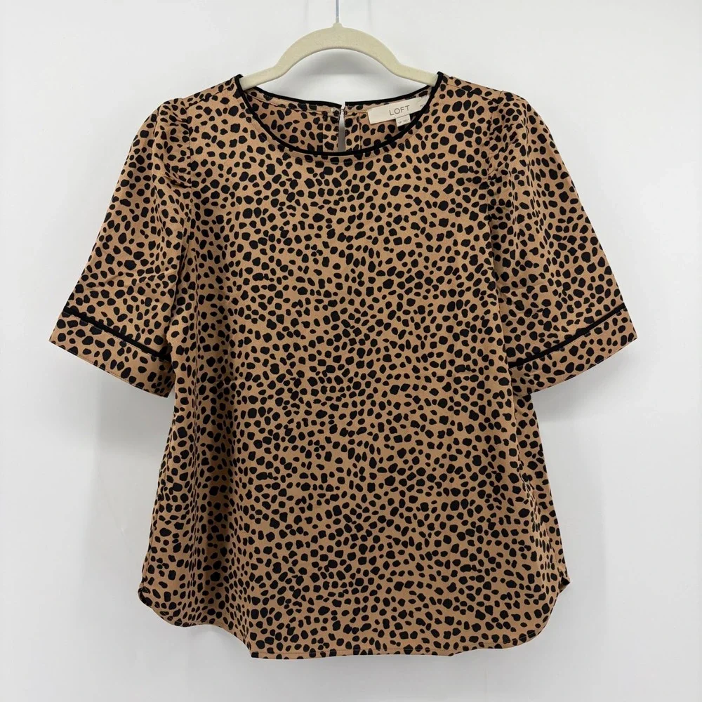 LOFT‎ Womens Small Petite SP Tan Leopard Print Blouse Short Sleeve Puff Shoulder